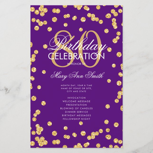 80th Birthday Program Gold Purple Glitter w/ Menu (Front)