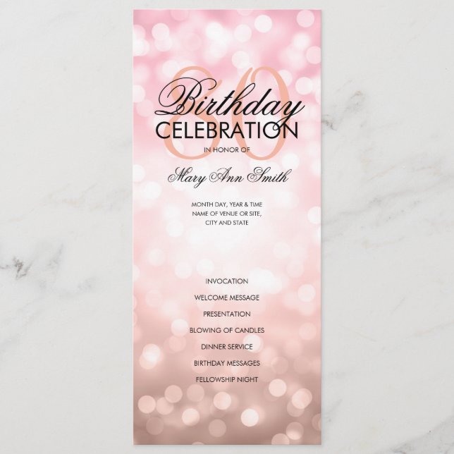 80th Birthday Program Lights Rose Gold Menu (Front)