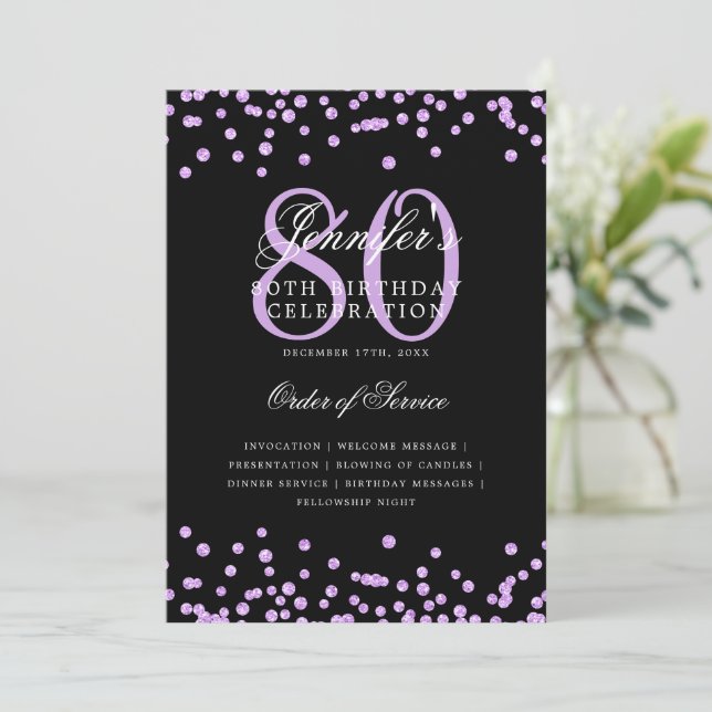 80th Birthday Program Menu Purple Black  Invitation (Standing Front)