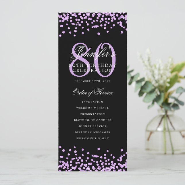 80th Birthday Program Menu Purple Black  Invitation (Standing Front)