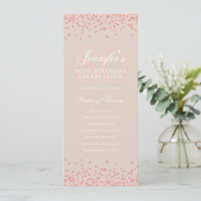 80th Birthday Program Menu Rose Gold Champagne  Invitation (Standing Front)