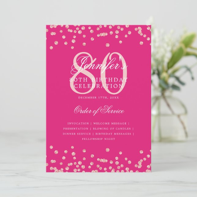 80th Birthday Program Menu Rose Gold Hot Pink  Invitation (Standing Front)