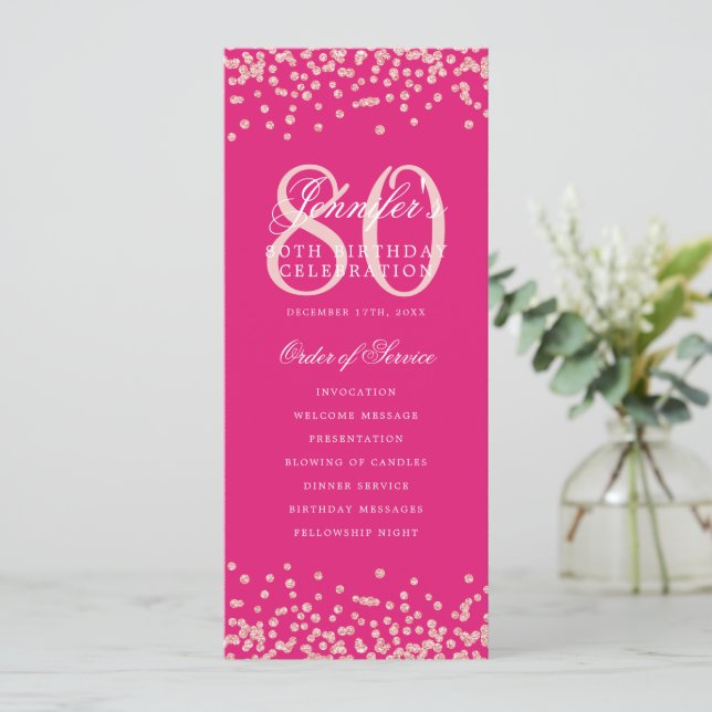 80th Birthday Program Menu Rose Gold Hot Pink  Invitation (Standing Front)
