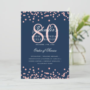 80th Birthday Program Menu Rose Gold Navy Blue  Invitation