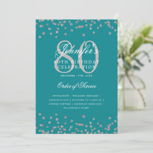 80th Birthday Program Menu Silver Turquoise Invitation
