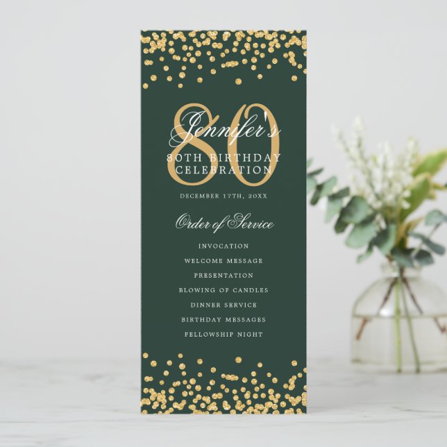 80th Birthday Program Menu Thanks Gold Green  Invitation (Standing Front)