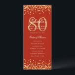 80th Birthday Program Menu Thanks Gold Red  Invitation<br><div class="desc">Elegant "Birthday Party Program" design with faux glitter confetti custom text.</div>