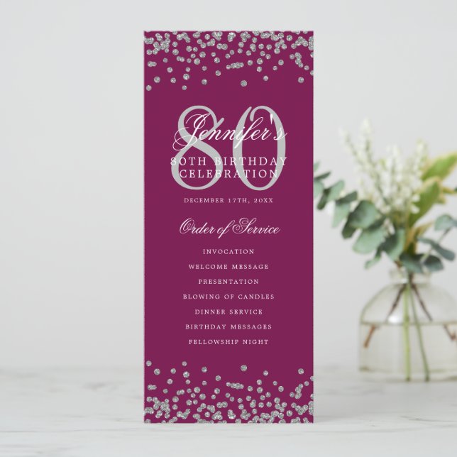 80th Birthday Program Menu Thanks Silver Magenta Invitation (Standing Front)