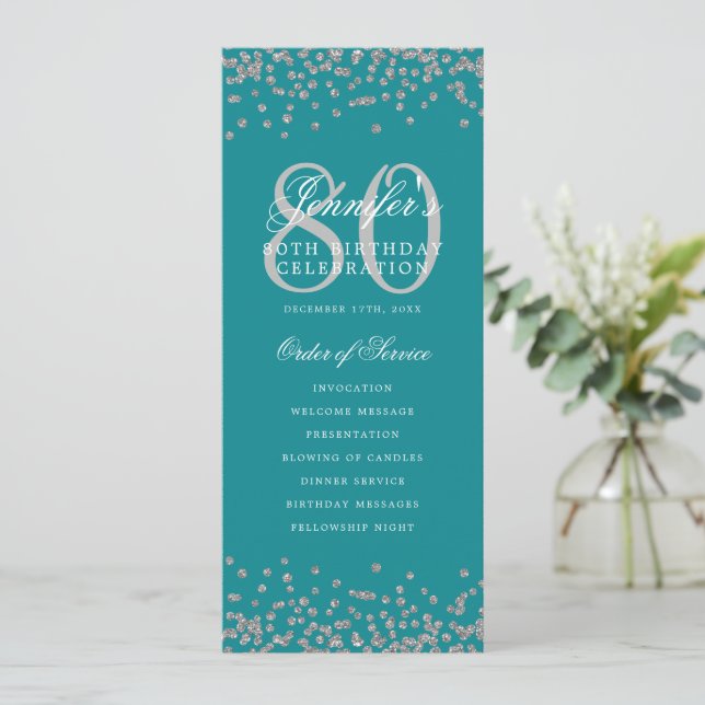80th Birthday Program Menu Thanks Silver Turquoise Invitation (Standing Front)
