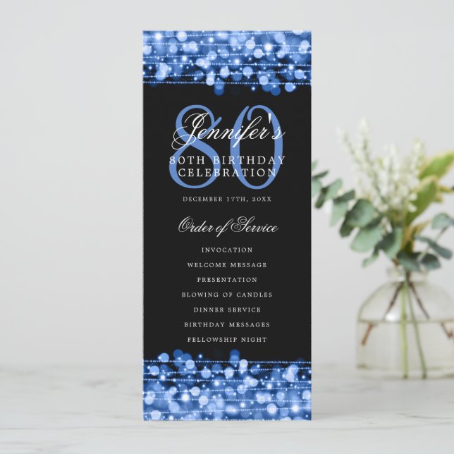 80th Birthday Program Navy Blue Menu+Thank You Invitation (Standing Front)