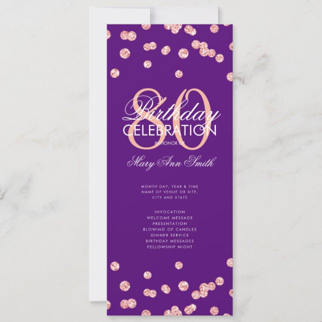 80th Birthday Program Rose Gold Navy Glitter Menu Invitation (Front)