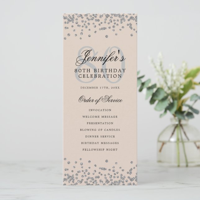 80th Birthday Program Silver Confetti Beige  Invitation (Standing Front)