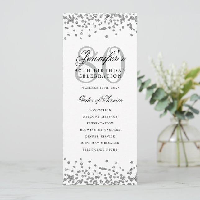 80th Birthday Program Silver Confetti Menu  Invitation (Standing Front)