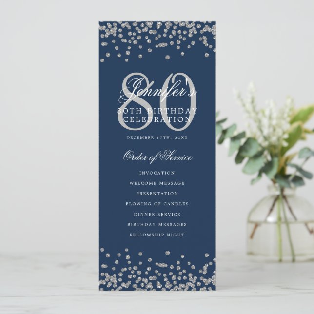 80th Birthday Program Silver Confetti Navy Blue Invitation (Standing Front)