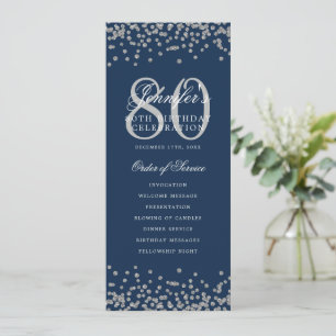 80th Birthday Program Silver Confetti Navy Blue Invitation