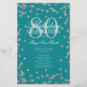 80th Birthday Program Silver Teal Glitter Menu