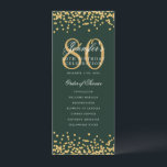 80th Birthday Program Thanks Gold Green  Invitation<br><div class="desc">Elegant "Birthday Party Program" design with faux glitter confetti and custom text.</div>