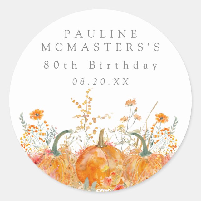 80th Birthday Pumpkin Wildflower Custom Favour Classic Round Sticker (Front)