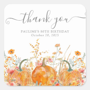 80th Birthday Pumpkin Wildflower Custom Thank You Square Sticker