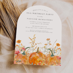 80th Birthday Pumpkin Wildflower Fall Watercolor Invitation