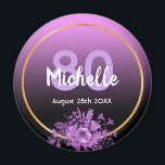 80th birthday purple black gold save the date magnet<br><div class="desc">Glamourous magnet for a 80th birthday with elegant and modern black and pink, purple gradient, ombre backdrop. With a faux gold frame, and ultra violet and purple coloured watercolored flowers. Templates for name, age and date, white and purple coloured letters. Perfect as a keepsake or as a save the date...</div>