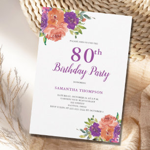 80th Birthday Purple Floral Invitation