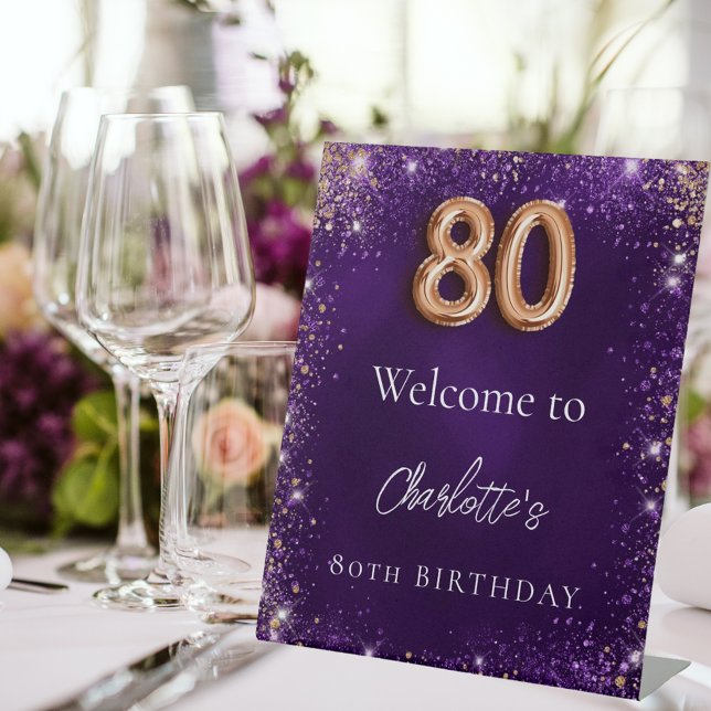 80th birthday purple glitter sparkles welcome pedestal sign (Creator Uploaded)