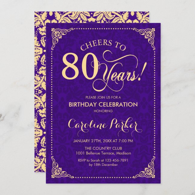 80th Birthday - Purple Gold Damask Invitation (Front/Back)