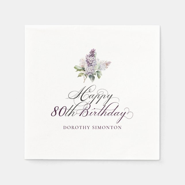 80th Birthday Purple Lilac Spring Flower Cocktail Napkin (Front)