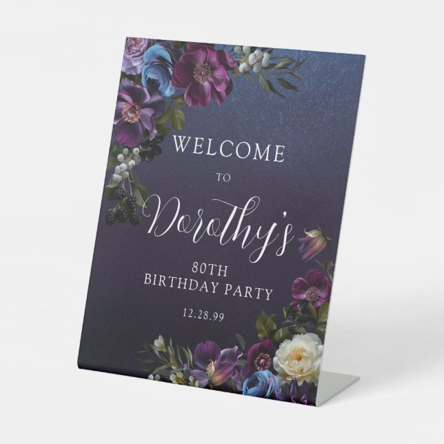80th Birthday Purple Moody Flower Custom Welcome  Pedestal Sign (Front)