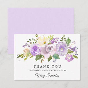 80th Birthday Purple Rose Floral Flat Thank You Card
