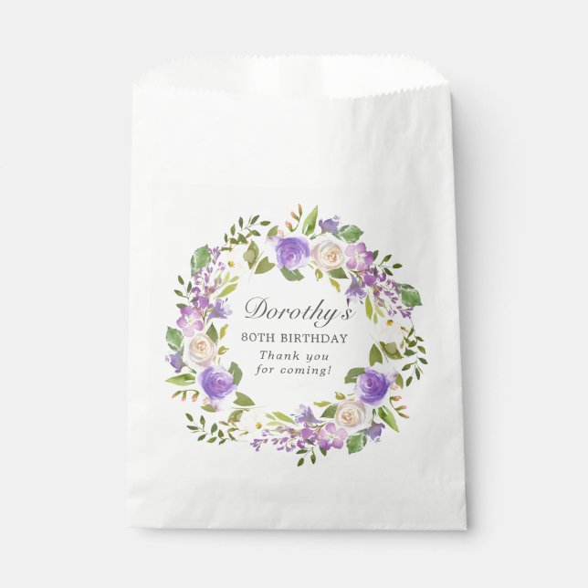 80th Birthday Purple Rose Floral Wreath Favour Bags (Front)