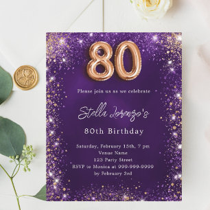 80th Birthday purple rose gold invitation