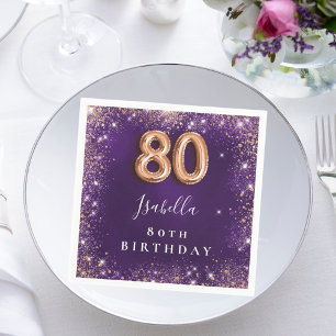 80th birthday purple rose gold name napkin