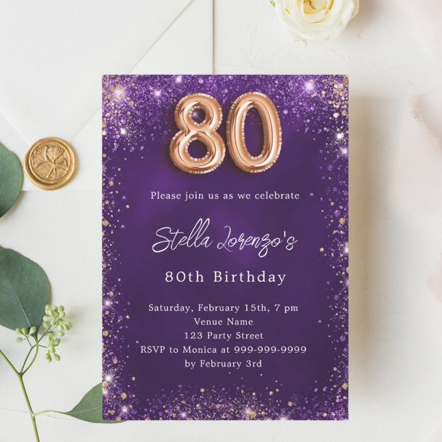 80th Birthday purple rose gold premium Invitation (Creator Uploaded)