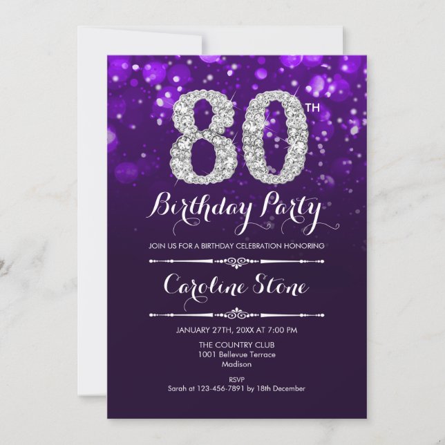 80th Birthday - Purple Silver Invitation (Front)