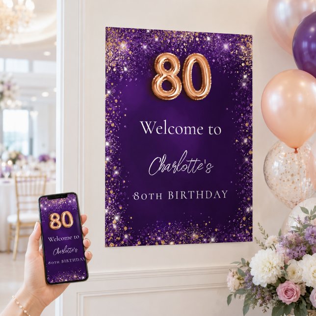 80th birthday purple sparkles welcome poster (Creator Uploaded)