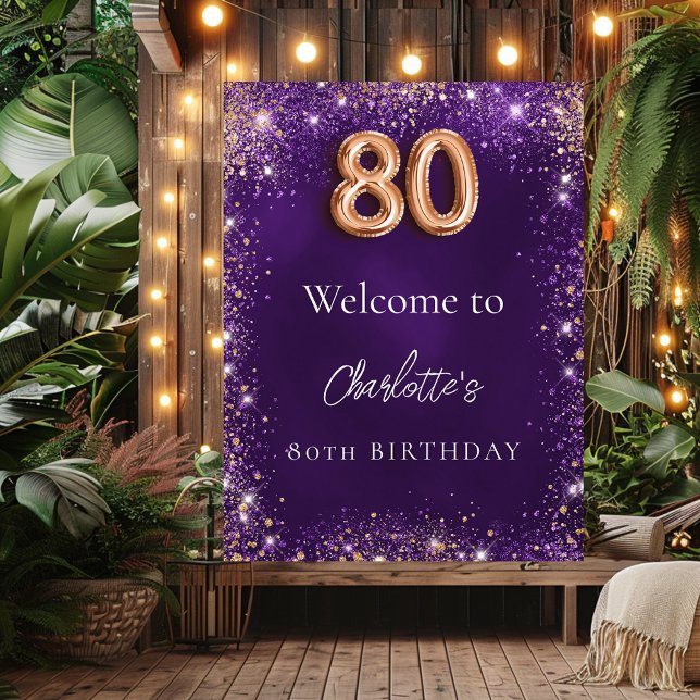 80th birthday purple sparkles welcome poster (Creator Uploaded)