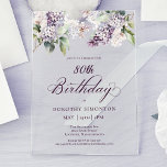 80th Birthday Purple Spring Lilac Flower Acrylic Invitations<br><div class="desc">Soft watercolor purple lilacs create a pretty spring 80th birthday invitation. The typography adds an elegant aesthetic. It is part of the Purple Spring Lilac Flower collection. It lets you choose a theme and then easily create a unique invitation suite, welcome signs and party decorations. Party planning becomes fun and...</div>