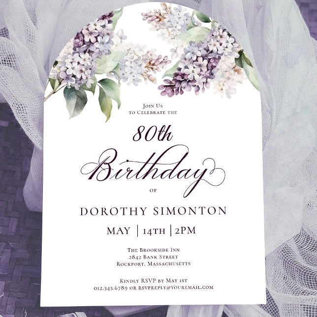 80th Birthday Purple Spring Lilac Flower Arch Invitation (Creator Uploaded)