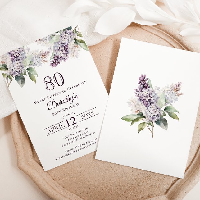 80th Birthday Purple Spring Lilac Flower Invitation (Creator Uploaded)