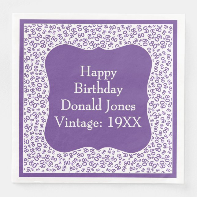 80th Birthday Purple/White Bracket Number Pattern Napkin (Front)