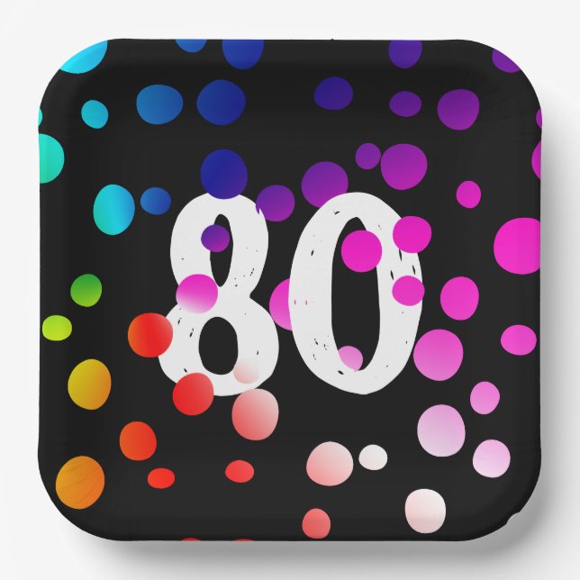 80th Birthday Rainbow Dots on Black Paper Plate (Front)