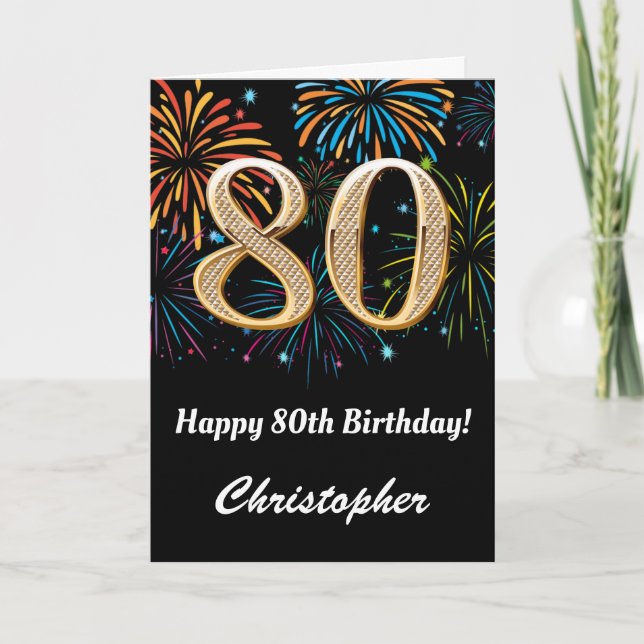 80th Birthday Rainbow Fireworks Black and Gold Card (Front)