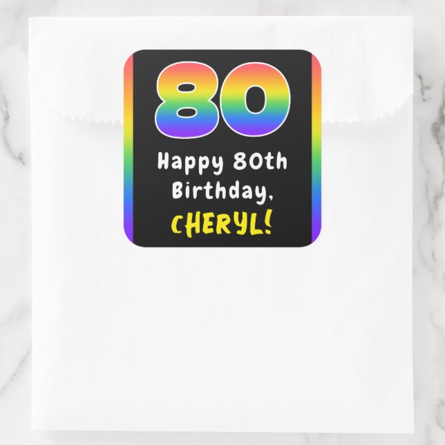 80th Birthday: Rainbow Spectrum # 80, Custom Name Square Sticker (Bag)