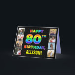 80th Birthday: Rainbow Text, Custom Photos & Name Card<br><div class="desc">The front of this eye-catching and cheerful birthday-themed greeting card design features the message “HAPPY 80TH BIRTHDAY, “ with a vibrant rainbow spectrum inspired gradient pattern, along with a personalised recipient name. The photos to the left and the right of the rainbow-patterned message on the front of the card can...</div>