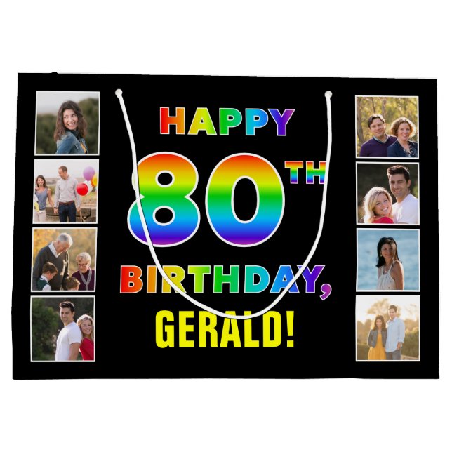 80th Birthday: Rainbow Text, Custom Photos & Name Large Gift Bag (Back)