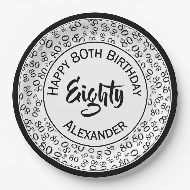 80th Birthday Random Number Pattern Black/White Paper Plate (Front)