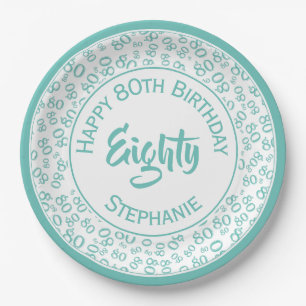 80th Birthday Random Number Pattern Teal/White Paper Plate