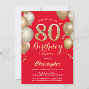 80th Birthday Red and Gold Balloons Confetti Invitation